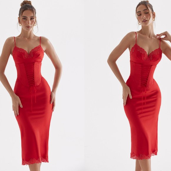 HOUSE OF CB 'Salma' Red Rose Satin Slip Dress NWOT - Picture 3 of 11